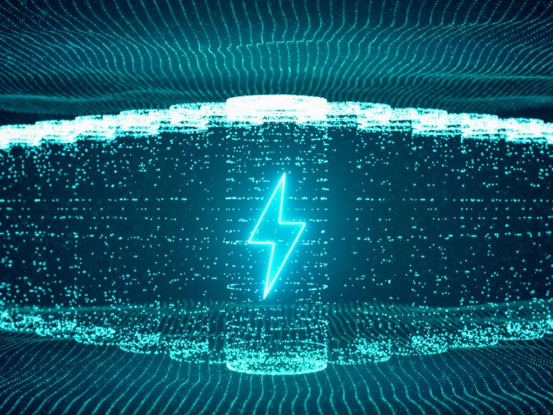 a teal coloured lightning bolt on a battery demonstrating electricity