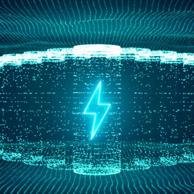 a teal coloured lightning bolt on a battery demonstrating electricity