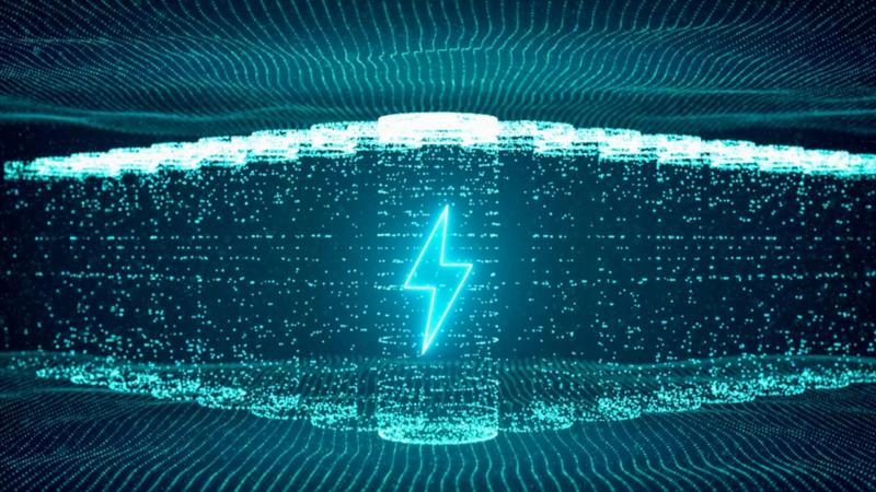 a teal coloured lightning bolt on a battery demonstrating electricity