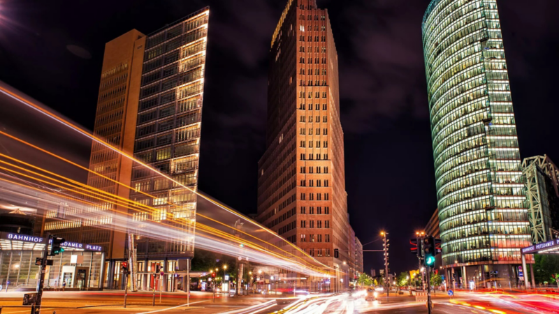 City buildings and motor at night