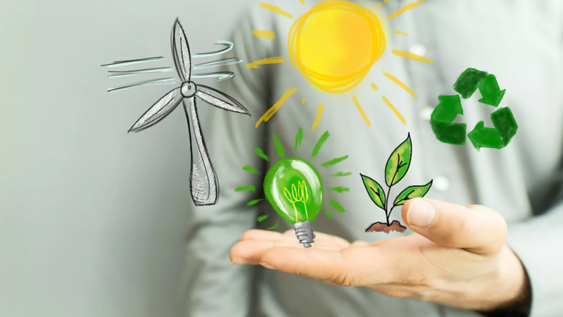 A hand is open, palm up, with sketches of a wind turbine, bright sun, green recycling symbol, light bulb, and plant. Symbolizes sustainable energy.