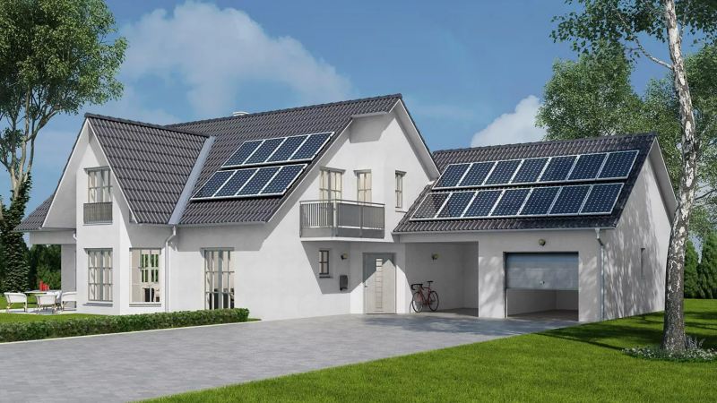 House with solar panels on roof.