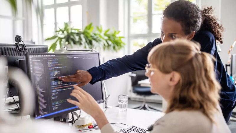 Co workers pointing to a computer screen and explaining