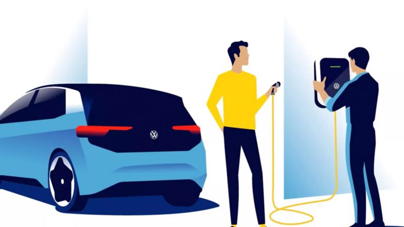 illustration of electric cars users installing a wallbox
