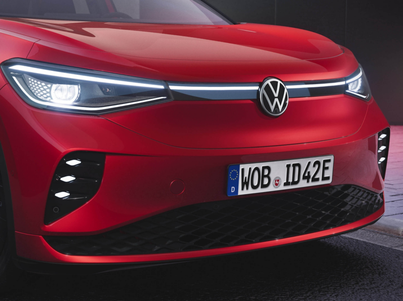 A front shot of a red ID.4 VW car