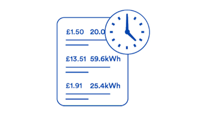 Graphic showing an energy meter readout and a clock. 