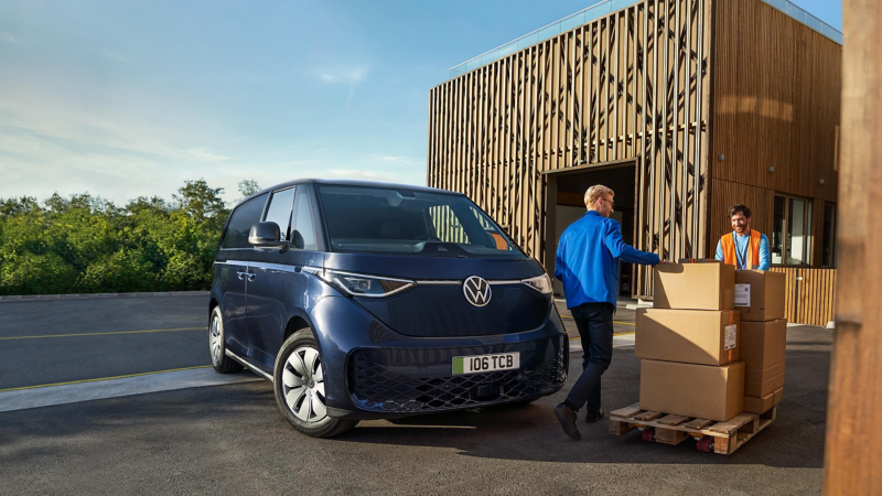 VW ID. Buzz Cargo being loaded with boxes. 