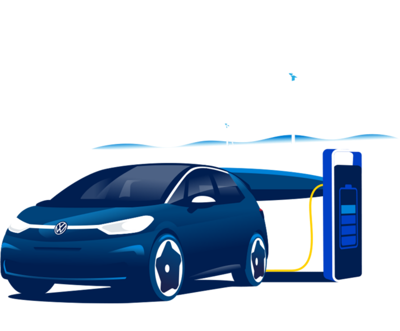 Illustrazione di una Volkswagen ID.3 in carica; sullo sfondo delle pale eoliche per produzione di energia sostenibile.