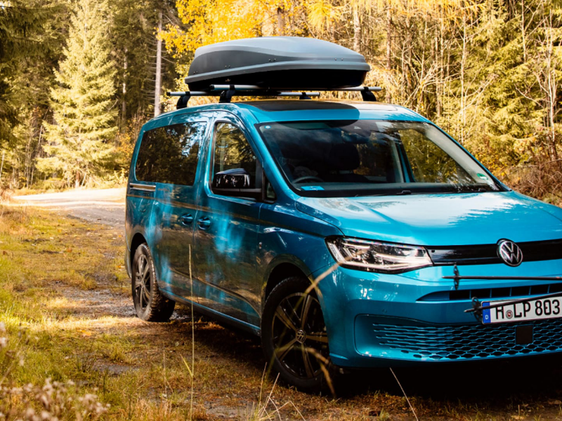Una furgoneta Volkswagen aparcada en un bosque otoñal