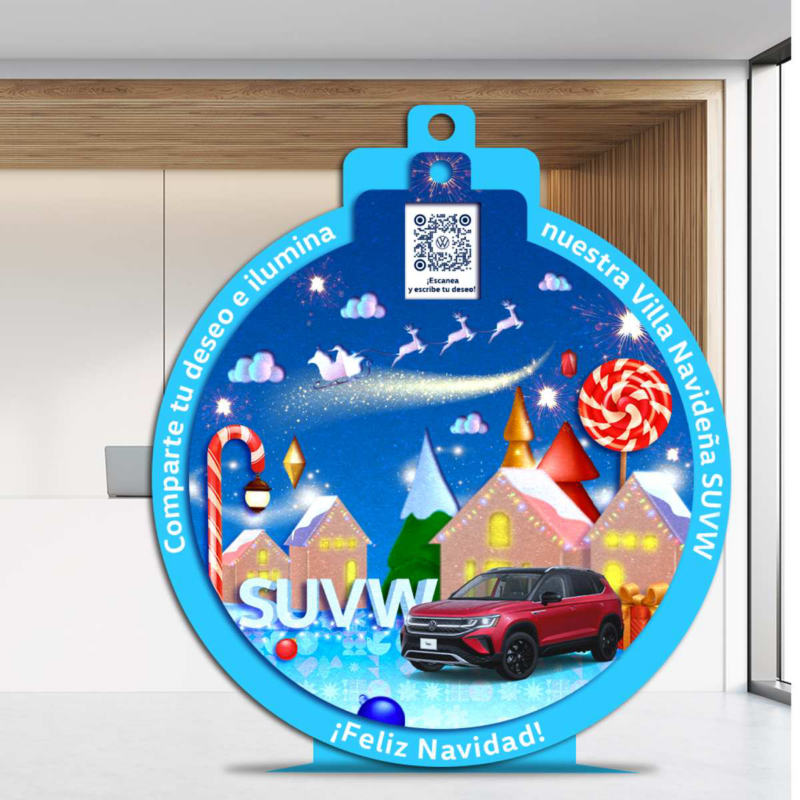 Esfera de Villa SUVW que muestra una camioneta SUV de Volkswagen y casas iluminadas. 