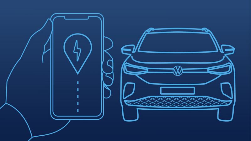 Illustration of a car and a hand holding phone, demonstrating EV route planner