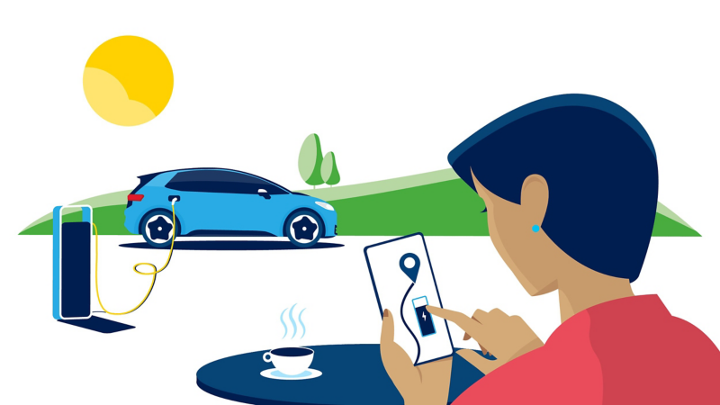 Illustration of a car and a hand holding phone, demonstrating EV route planner