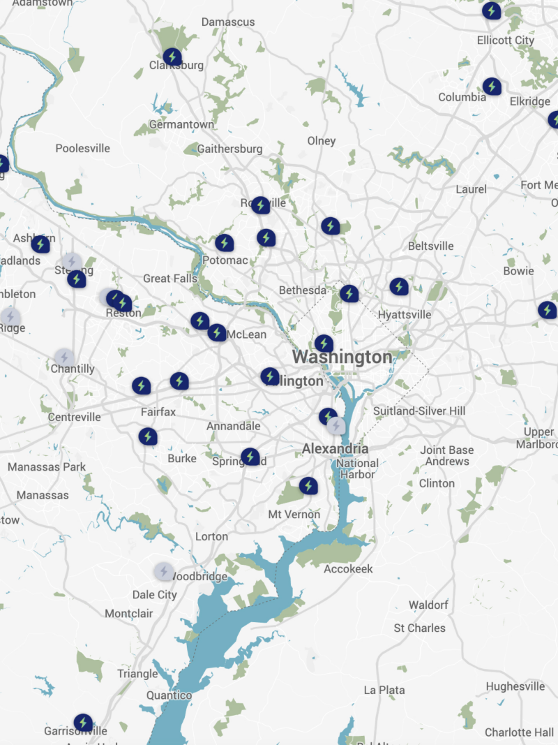 Example map of Electrify America EV vehicle charging station locations.