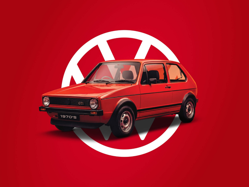 A classic red 1970s Volkswagen Golf GTI Mk1 positioned over a large white Volkswagen logo against a solid red background.
