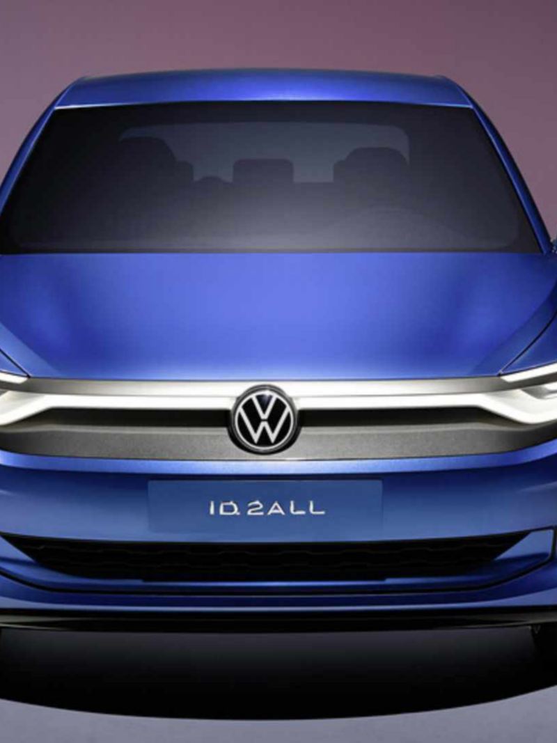 Cofre, luces y parilla de nuevo auto eléctrico Volkswagen ID. 2all en color azul. 