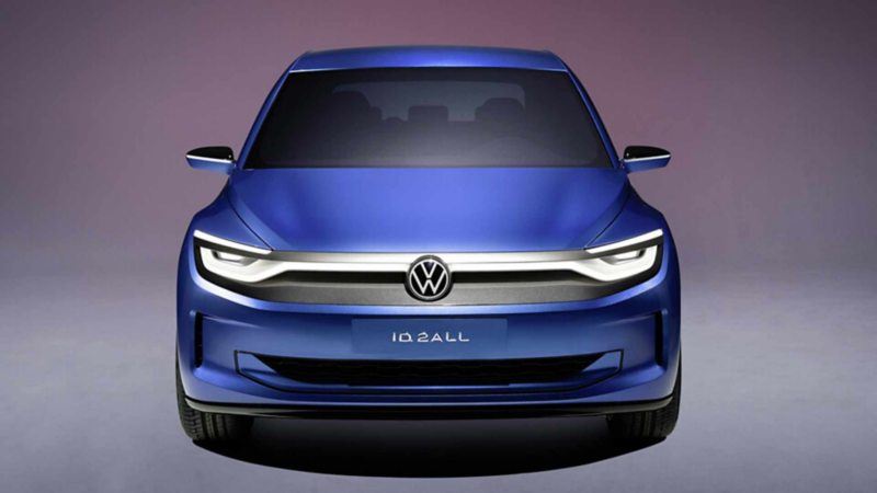 Cofre, luces y parilla de nuevo auto eléctrico Volkswagen ID. 2all en color azul. 