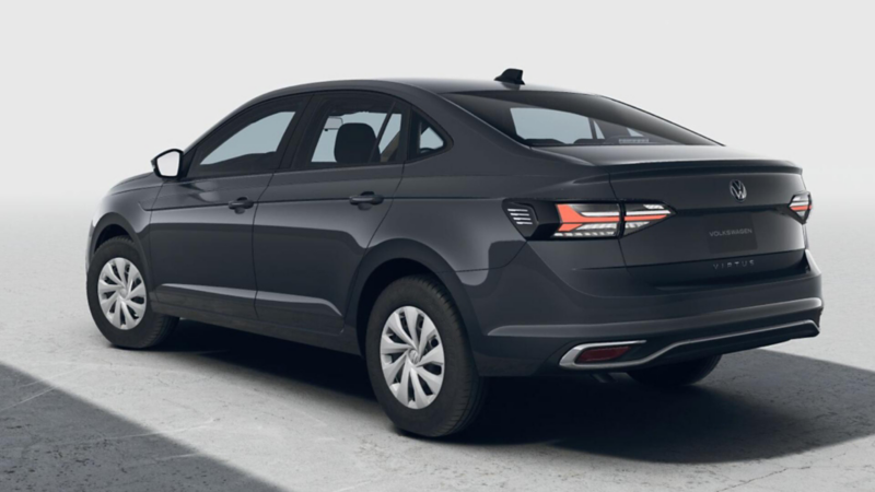 Virtus Trendline de Volkswagen. Vista trasera de sedán color negro para 5 personas.