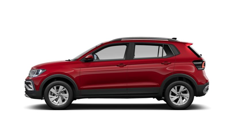 Taigun 2024 versión Trendline en color exterior rojo, con elementos de plástico negro en la parte inferior del SUV.