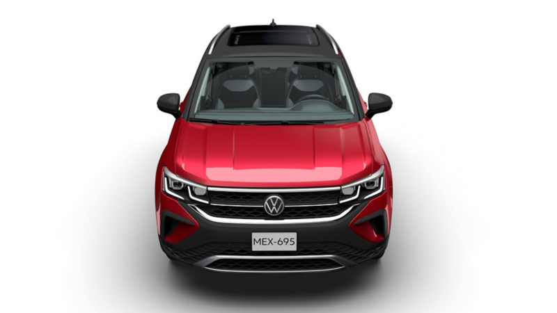 Camioneta Taos de Volkswagen en color rojo con techo negro. Vista cenital de SUVW. 