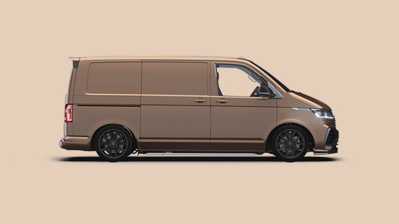 A VW Transporter Sportline against a plain light brown background. 