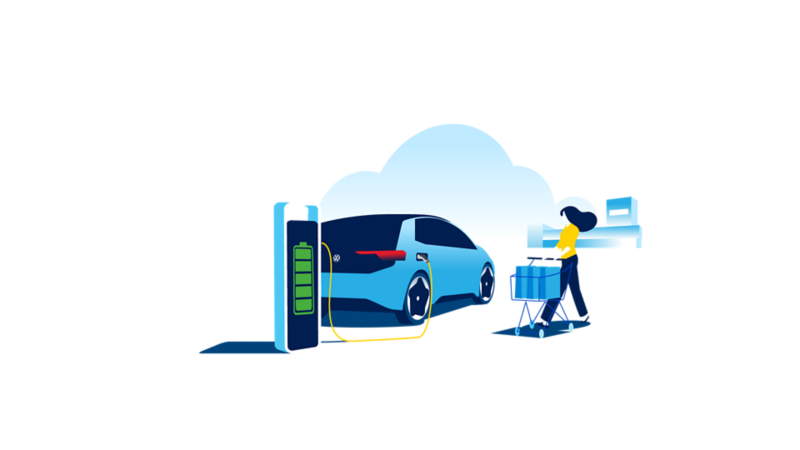 Vehículo eléctrico cargándose de forma gratuita frente a una tienda de muebles