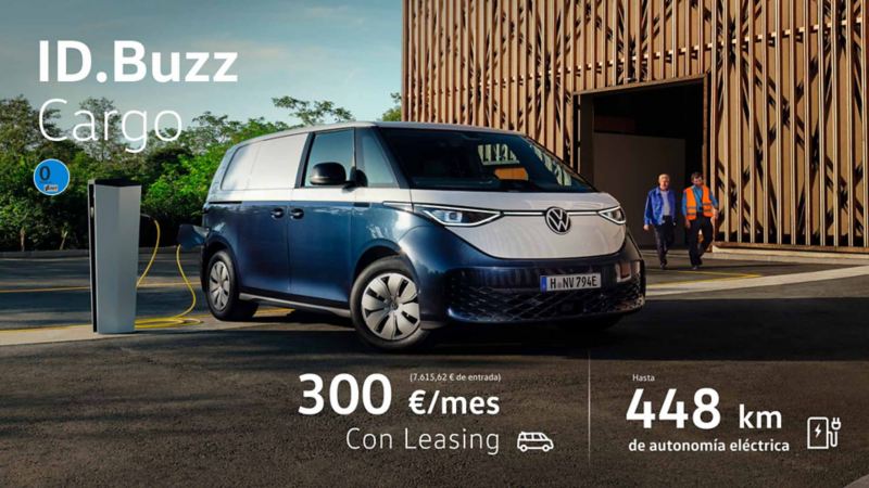 Una ID. Buzz azul marino y blanca conectado a una estación de carga con una oferta de My Renting