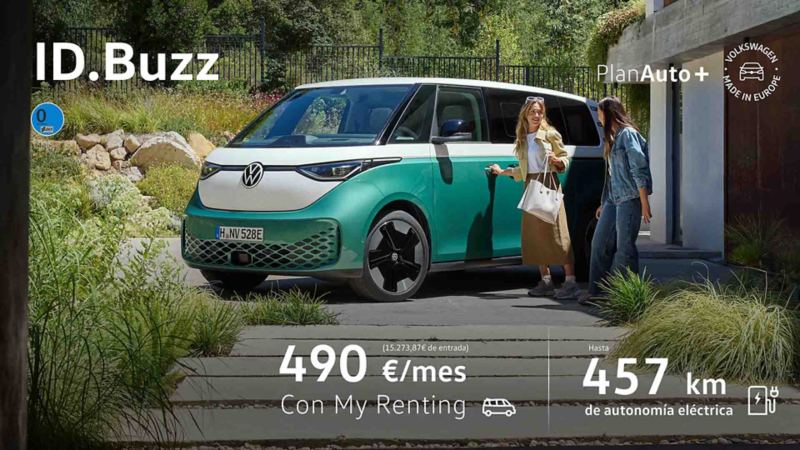 Dos personas entrando a su ID. Buzz verde y blanca con My Renting