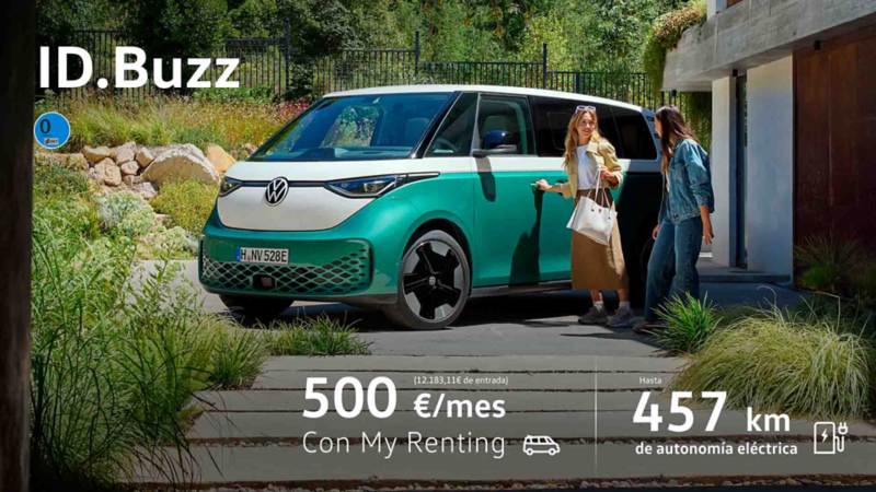 Dos personas entrando a su ID. Buzz verde y blanca con My Renting