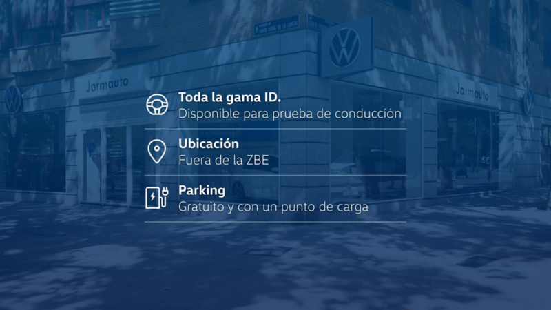 El concesionario Jarmauto de Volkswagen con una transparencia azul marino encima y con información acerca del mismo