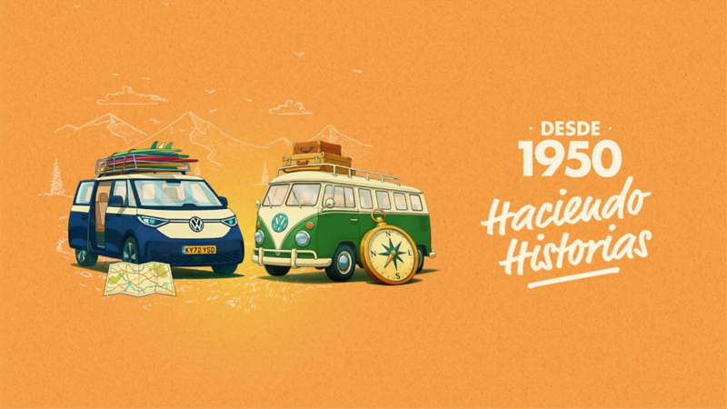Un fondo naranja sobre el que aparecen dibujadas una furgoneta Volkswagen clásica y una ID.Buzz junto a un mapa y una brújula. Encima un rótulo en blanco que dice 'Desde 1950' y otro debajo que dice 'Haciendo Historias'