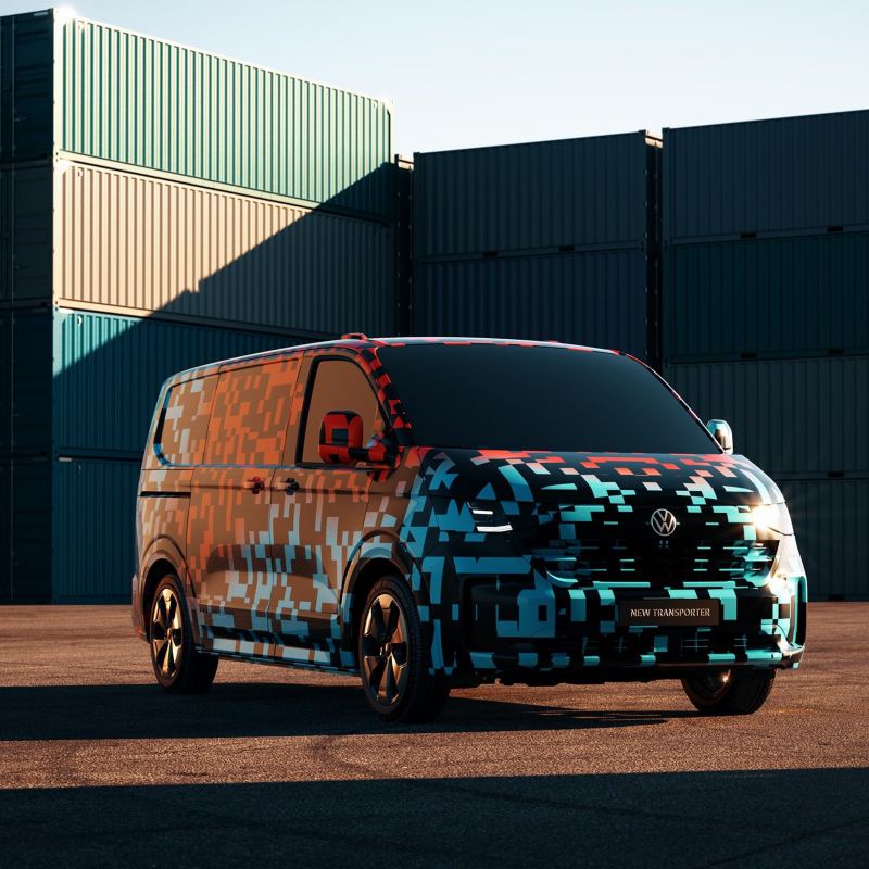 Exterior photo of a Transporter CONCEPT parked at a sea container storage facility.