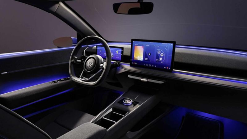 Panel de control y tablero iluminado de nuevo auto eléctrico Volkswagen ID. 2all.