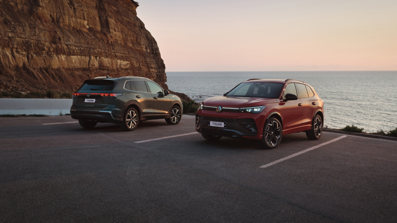 Two VW Tiguan in dark green and red are parked in front of a rocky coastal landscape.