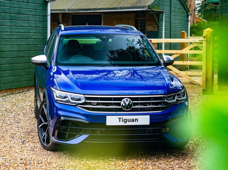 The rear of a blue volkswagen Tiguan R