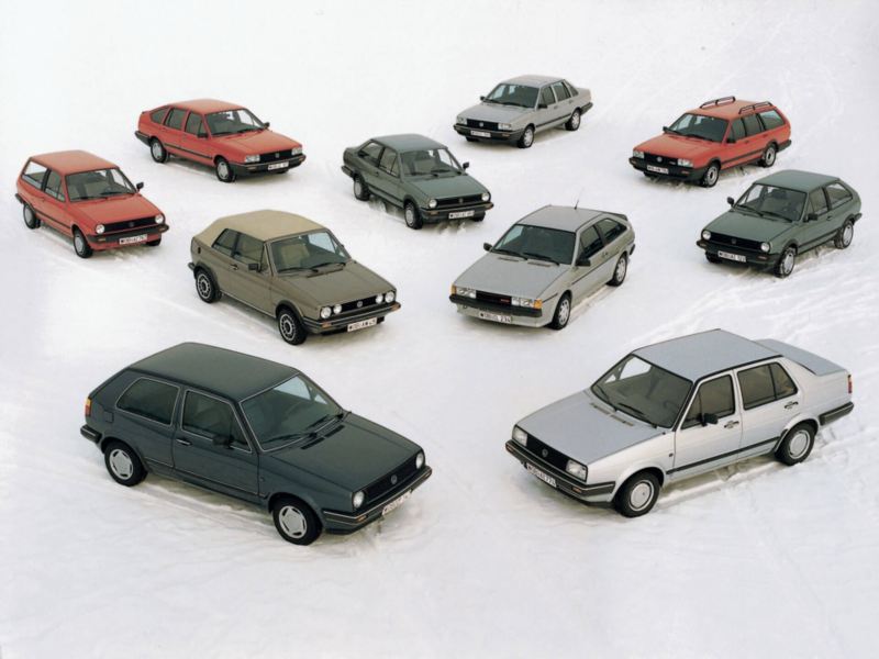 Toute la gamme Volkswagen lors du lancement de la Golf MK2.