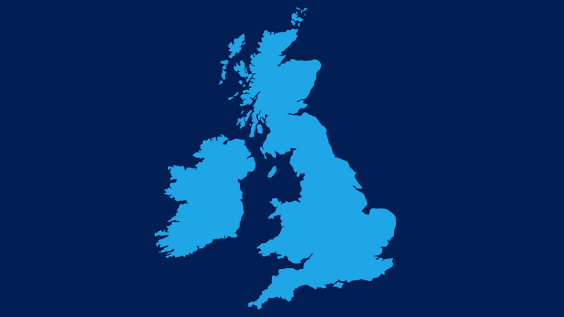 Graphic showing a map of the United Kingdom and Ireland. 