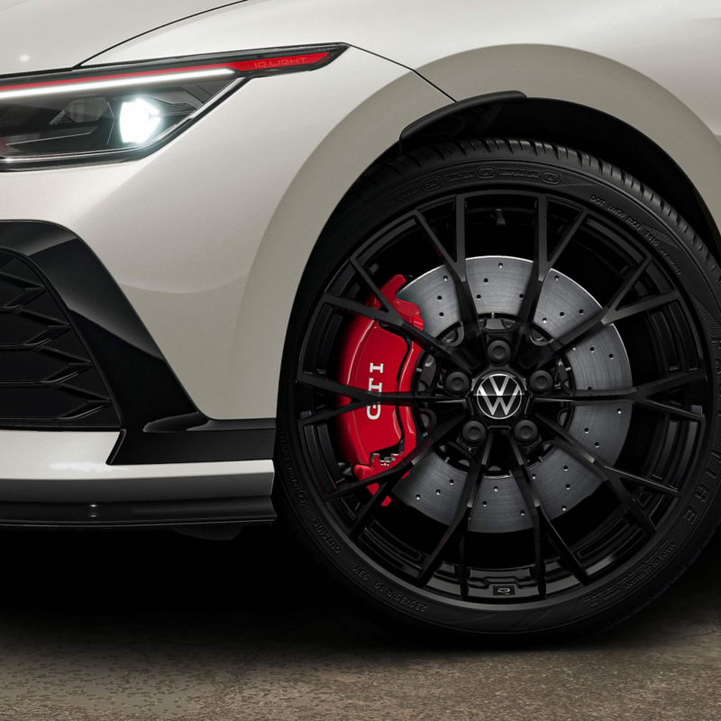 Close up image showing a VW GTI wheel.