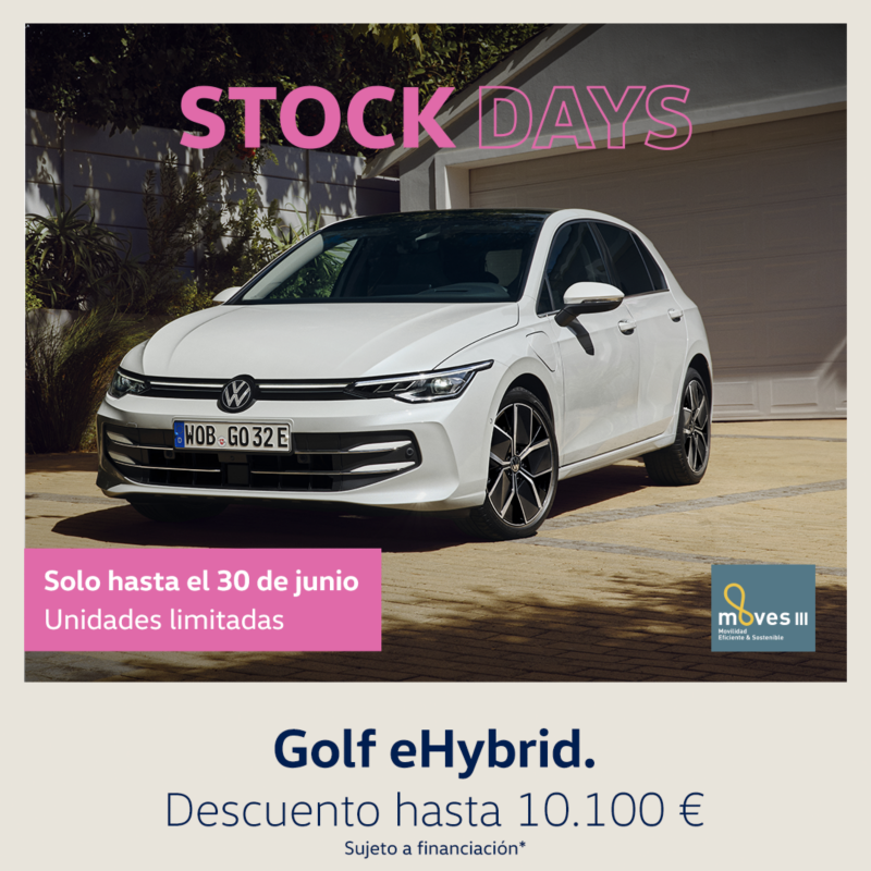 Nuevo golf ehybrid color blanco, vista frontal izquierda. Texto: Stock Days. Descuento hasta 10.100€. Sujeto a financiación. Solo hasta el 30 de junio. Unidades limitadas.