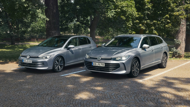 A VW Golf and a VW Passat parked under a tree