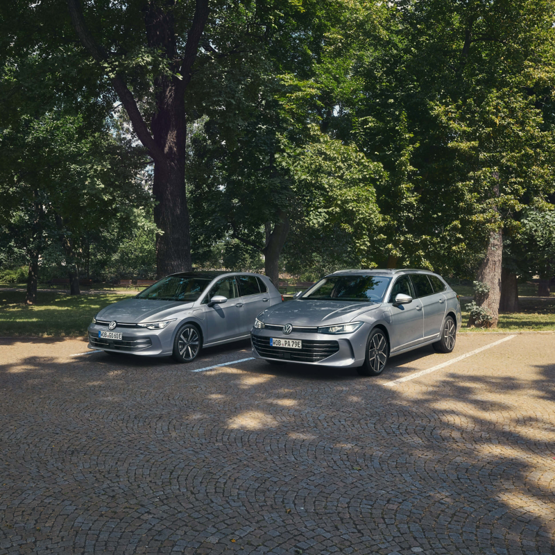 A VW Golf and VW Passat parked under a tree