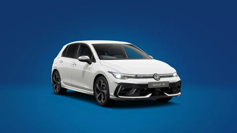 A front 3/4 shot of a white Volkswagen Golf R-Line on a blue background