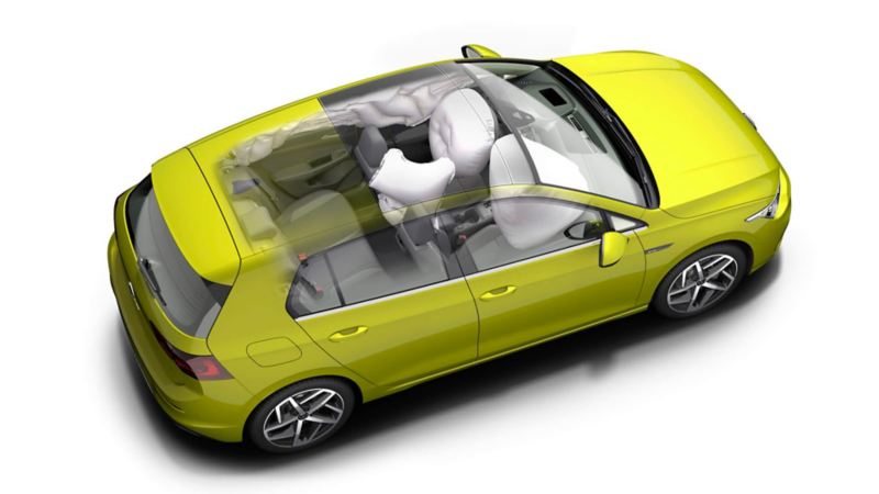 Schéma du déploiement des airbags dans une Golf verte citron. 