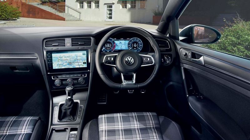 Interior shoot of a Golf Estate showing the digital cockpit, steering wheel and gear stick