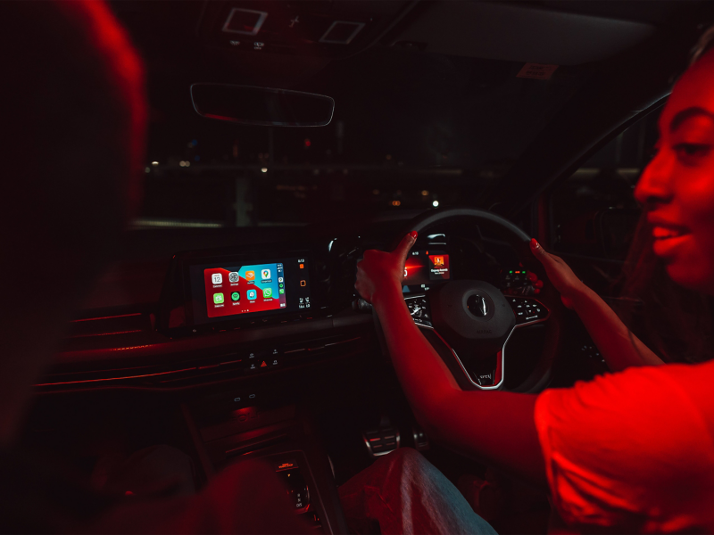 Close up of the steering wheel, Infotainment and Digital cockpit  inside  Volkswagen Golf GTI