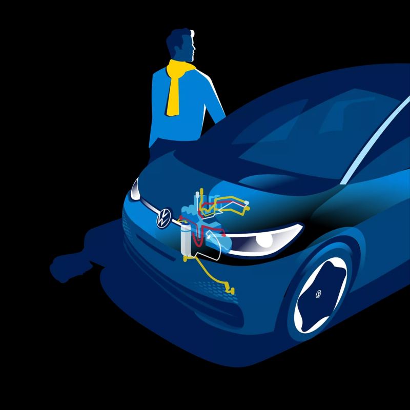 illustration of man wearing a yellow scarf next to a VW car with a transparent bonnet