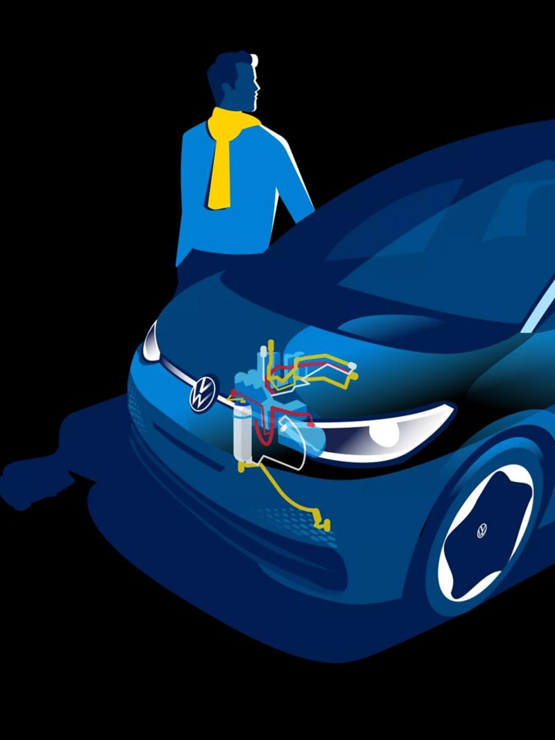 illustration of man wearing a yellow scarf next to a VW car with a transparent bonnet