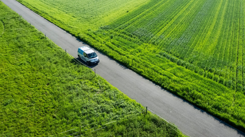 Der ID. Buzz Cargo fährt durch ein Feld