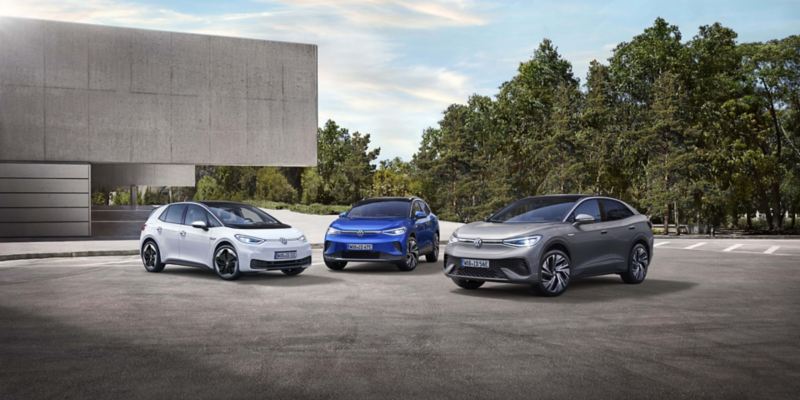 A line up of the VW electric range including ID.3, ID.4, & ID.5