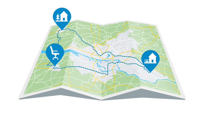 Illustration of a house with a garage in the middle, around it there is a route that connects office in another town, house in another town