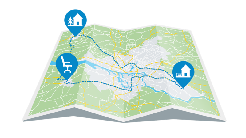 A map that shows the route leading from home to the office and to the holiday destination outside of town